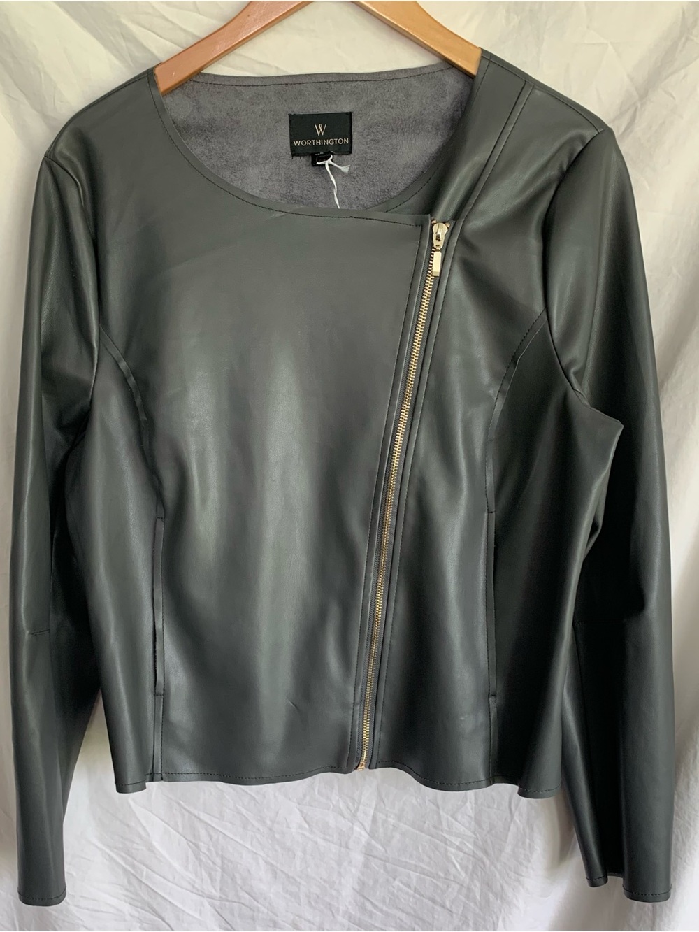 NWT Worthington Gray Faux Leather Asymmetrical Zip Moto Jacket